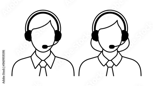 Generic vector icons showcasing a man and a woman in professional attire with headsets for telecommunication or support services.