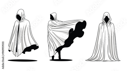 Silhouettes of mysterious figures wearing long, flowing hooded cloaks in various dramatic and static poses on a white background.