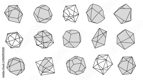 Set of geometric three dimensional polygon shapes representing abstract crystals or stones with black outlines and grey shading.