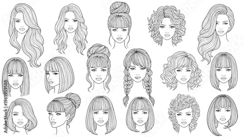 Collection of various women hair styles including long wavy hair, bob cut, bangs, and braids in black and white line art.