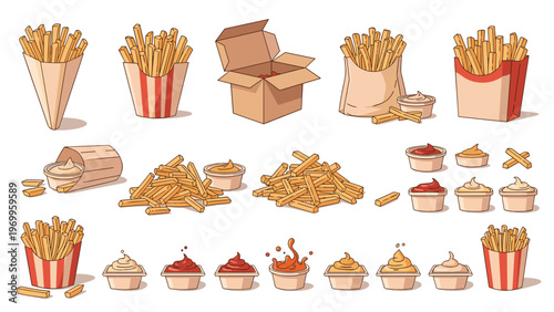 Fast food french fries in different paper containers cardboard boxes and piles alongside various dipping sauces and ketchup.