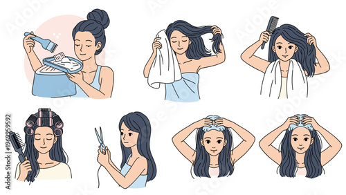 Illustration of a woman performing different hair care steps such as dyeing washing brushing and cutting her long dark hair.