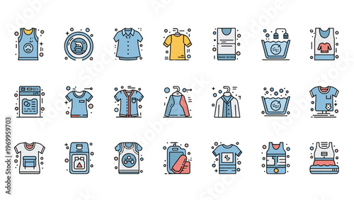 Extensive collection of colorful laundry and garment care icons including washing machines detergent shirts and water symbols.