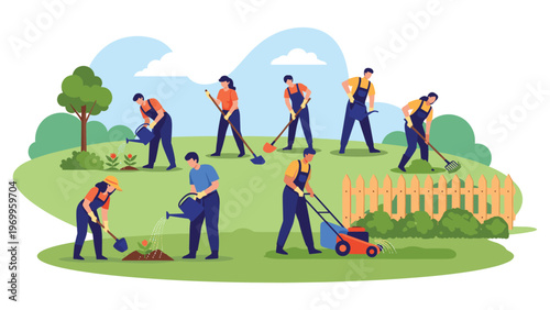 Diverse group of people working together in a community garden planting flowers and maintenance tasks in a bright green park.