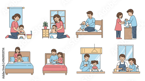 Various scenes showing parents caring for their children through daily routines like feeding bathing and putting them to sleep.