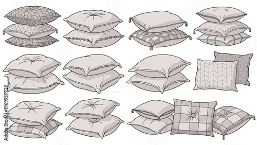 Large selection of soft decorative pillows and cushions in various shapes sizes and fabric patterns such as plaid and stripes.