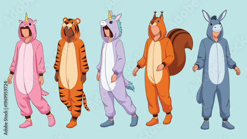 Group of people wearing colorful animal kigurumi onesies including unicorn tiger squirrel and donkey costumes on blue background.