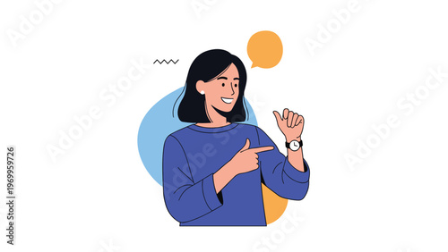 Cheerful woman in a blue sweater pointing at her wrist watch emphasizing the importance of time management and punctuality.