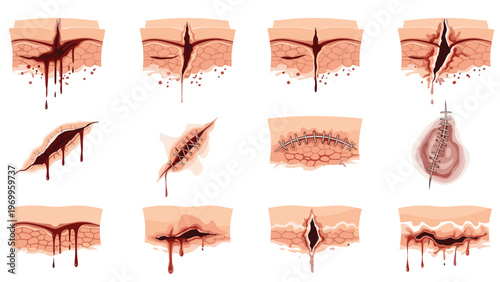 Detailed medical illustrations of various types of skin wounds cuts bleeding and surgical stitches on a human flesh background.