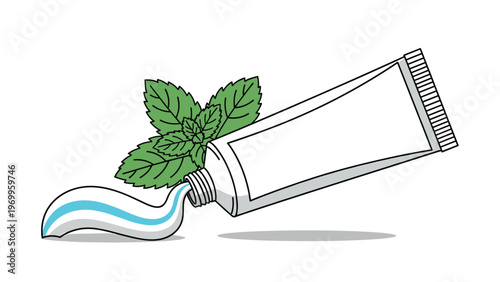 Open tube of white toothpaste with a blue stripe being squeezed out next to fresh green mint leaves on a plain background.