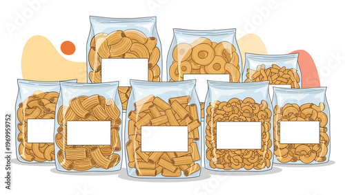 Assortment of different pasta shapes like penne and macaroni packaged in clear plastic bags with blank white labels for brand.