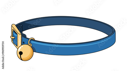 Stylish blue leather pet collar with a gold buckle and a small round tinkling bell for cats or dogs isolated on a plain white background.