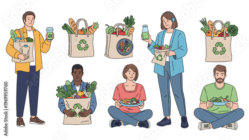 Group of diverse people carrying reusable cloth grocery bags filled with fresh vegetables and fruits to promote sustainable living and recycling.