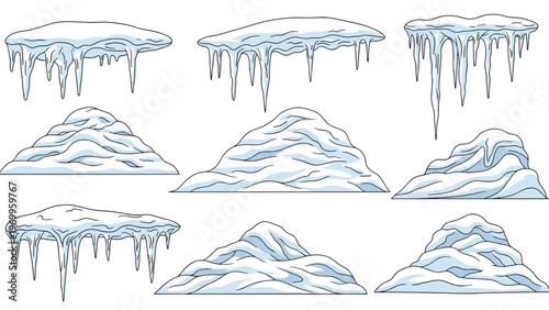 Various shapes of dripping icicles and piles of white snow illustrated in a clean cartoon style for winter themed designs or seasonal weather concepts.