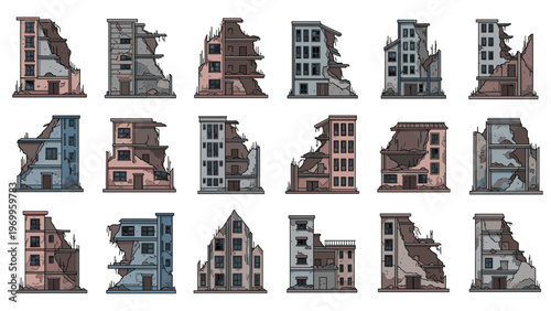 Set of various apartment buildings in a state of ruin and destruction depicting a war zone or disaster area with crumbling walls and debris.