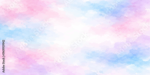 Beautiful abstract watercolor background featuring a bright summer sky with fluffy white clouds and colorful sunlight bokeh for a serene nature atmosphere