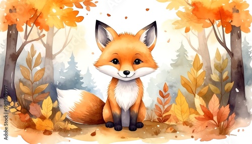 Watercolor fox sits in autumn forest. Soft colors, friendly face, seasonal foliage