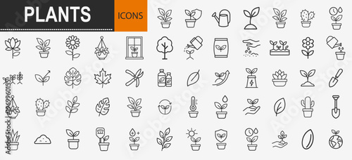 Plants and Gardening Line Icons Set, Minimal Outline Vector Illustration