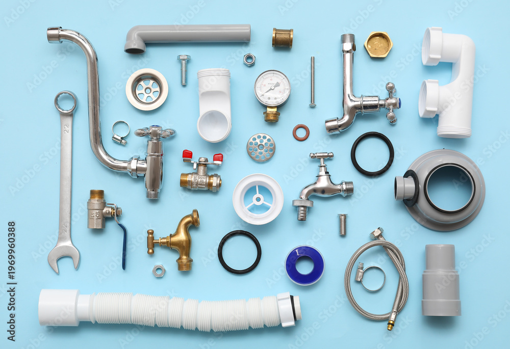 Fototapeta premium Composition with plumber's items on blue background