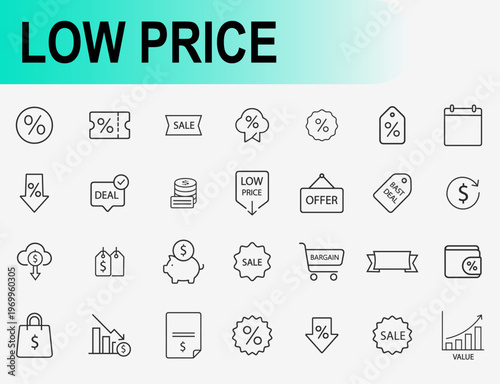 Low Price and Discount Sale Line Icons, Minimal Outline Vector Set
