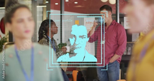 Animation of digital profile picture over diverse coworkers discussing while drinking tea in office