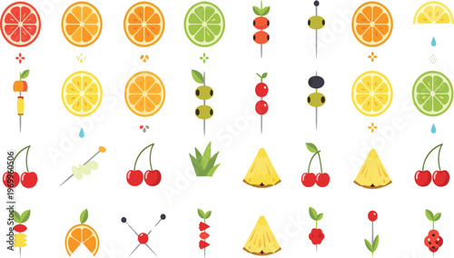 Fruit Skewer and Citrus Slice Vector Set with Pineapple, Cherries, Berries, Fresh Juicy Elements, and Healthy Food Illustration Collection.