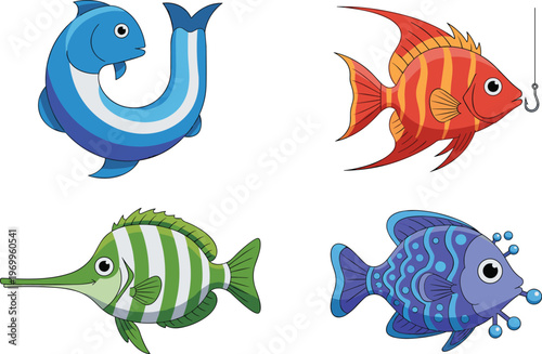 Set of colorful cartoon fish illustrations featuring a blue striped curved fish, orange tropical fish on a hook, green striped longnose fish, and purple bubble fish.
