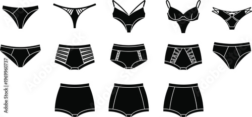 Set of women's lingerie silhouettes including various panty styles like thongs, briefs, and high-waisted underwear, perfect for fashion design, apparel retail, and intimate clothing concepts.