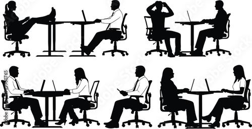 Set of office worker silhouettes in professional business settings, colleagues working on laptops at desks, corporate teamwork, digital nomadic lifestyle, and modern workspace.