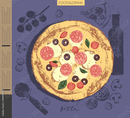 Hand drawn fast food illustration.  Colored pizza sketch with sausage mushroom cheese tomato olive oil.  For food and drink background, italian cuisine menu.