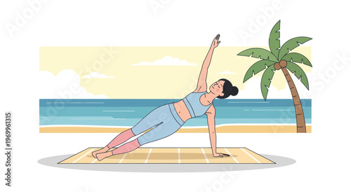 yoga, woman exercising, side plank, beach background, fitness vector