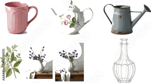 Vintage Teapot, Watering Can and Floral Vase Illustration Set with Botanical Flowers and Glass Bottle Decorative Vector Collection