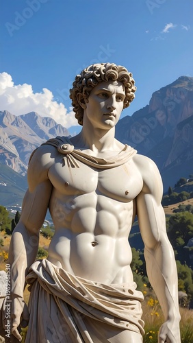 A white marble statue of a muscular man in a scenic mountain landscape