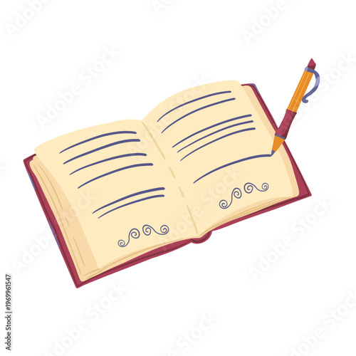 Book pen illustration. Open book, ballpoint pen writing, paper pages, study composition. Flat style minimal clean design for packaging, branding, print, stationery, education, stickers