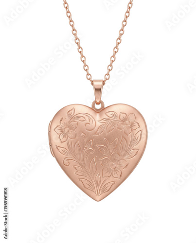 Cuadro en lienzo Rose gold heart locket necklace with floral engraving isolated