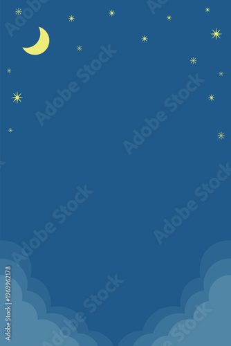 メルヘンな夜空の月と星と雲が浮かぶ藍色のフレーム縦デザイン背景