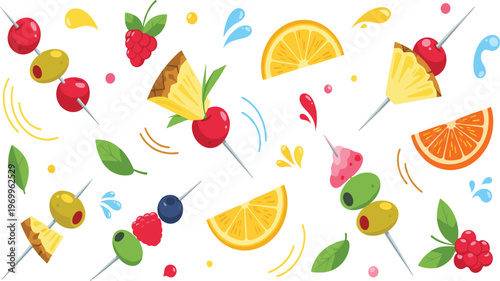 Fresh Fruit Skewers Vector Set with Citrus Slices, Berries, Pineapple Pieces, Colorful Snacks, and Healthy Summer Food Illustration Collection.