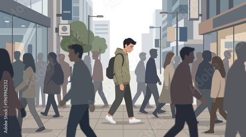 People walking on a city sidewalk.