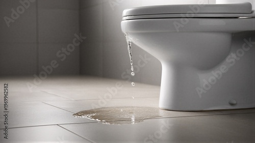 Leaking water from white toilet bowl on bathroom floor. Puddle of water creating home plumbing emergency. Damaged sanitary equipment causing flood in apartment. Repair and maintenance concept.