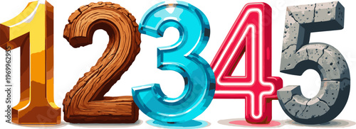 Create a realistic kinds of deferent Numbers vector art with white background.