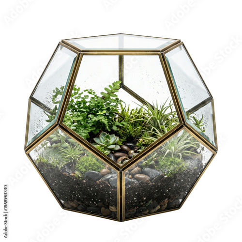 Fotografie Geometric glass terrarium with succulents isolated