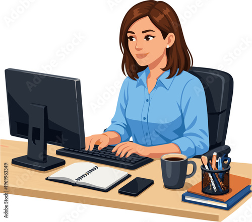 Create a realistic woman working at her desk vector art with white background..