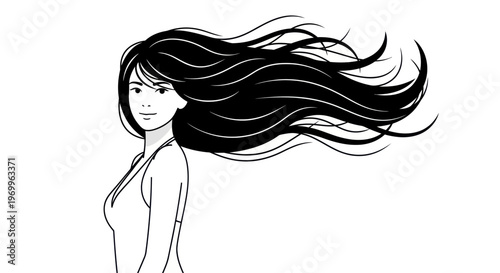 Woman with long flowing hair, hairy lady, vector portrait, black and white illustration, hairstyle design element