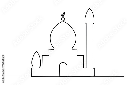 Mosque line art drawing with minaret and dome in continuous one line style on white background