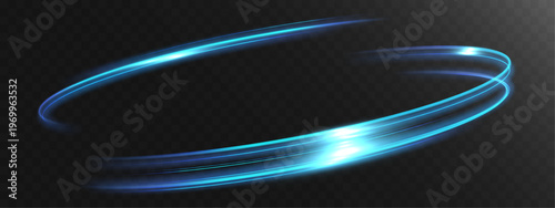 Blue glowing elliptical light trail with dynamic motion isolated on dark background

