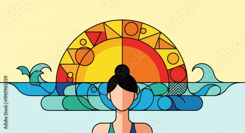 Woman meditating in water, colorful sunset, yoga and mindfulness vector illustration, relaxation and calmness