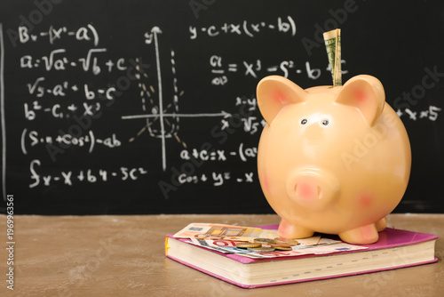 Piggy bank with money and b...