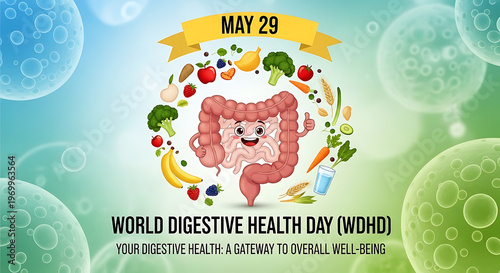World digestive health day illustration featuring a smiling intestine surrounded by healthy foods high quality professional