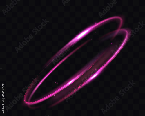 Pink glowing elliptical light ring with soft motion blur isolated on dark background

