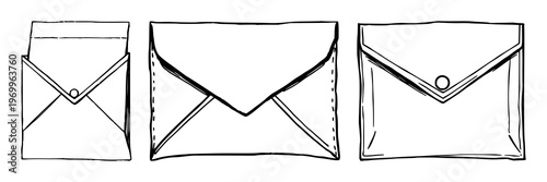 Vintage seed packet envelope set with black outline illustration featuring blank space, retro design, botanical elements with garden seeds and flower motifs